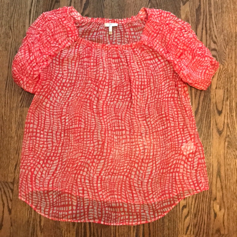 Joie Red and white sheer silk top ruched sleeves